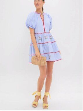 Hyacinth House Embroidered V-Neck Lillian Mini Dress in Blue Pinstripe XSmall